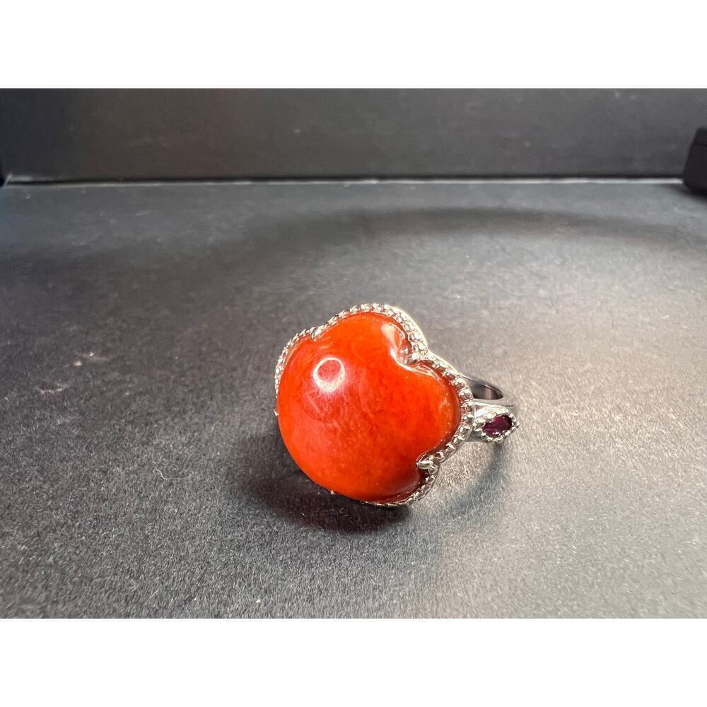 NEW cherry red jade and ruby blossom ring in rhodium over sterling silver size 6